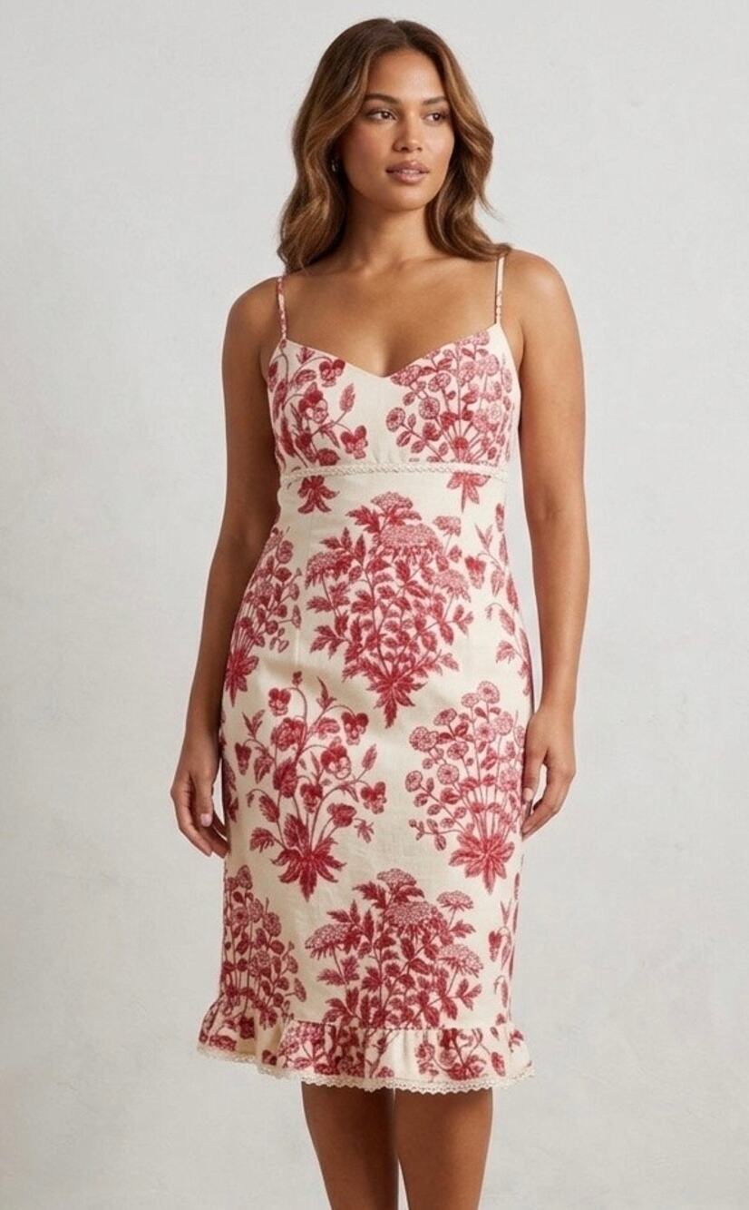 Maggy London Vintage Floral Toile Sundress Size 8 Red White‎ Cotton Cottagecore
